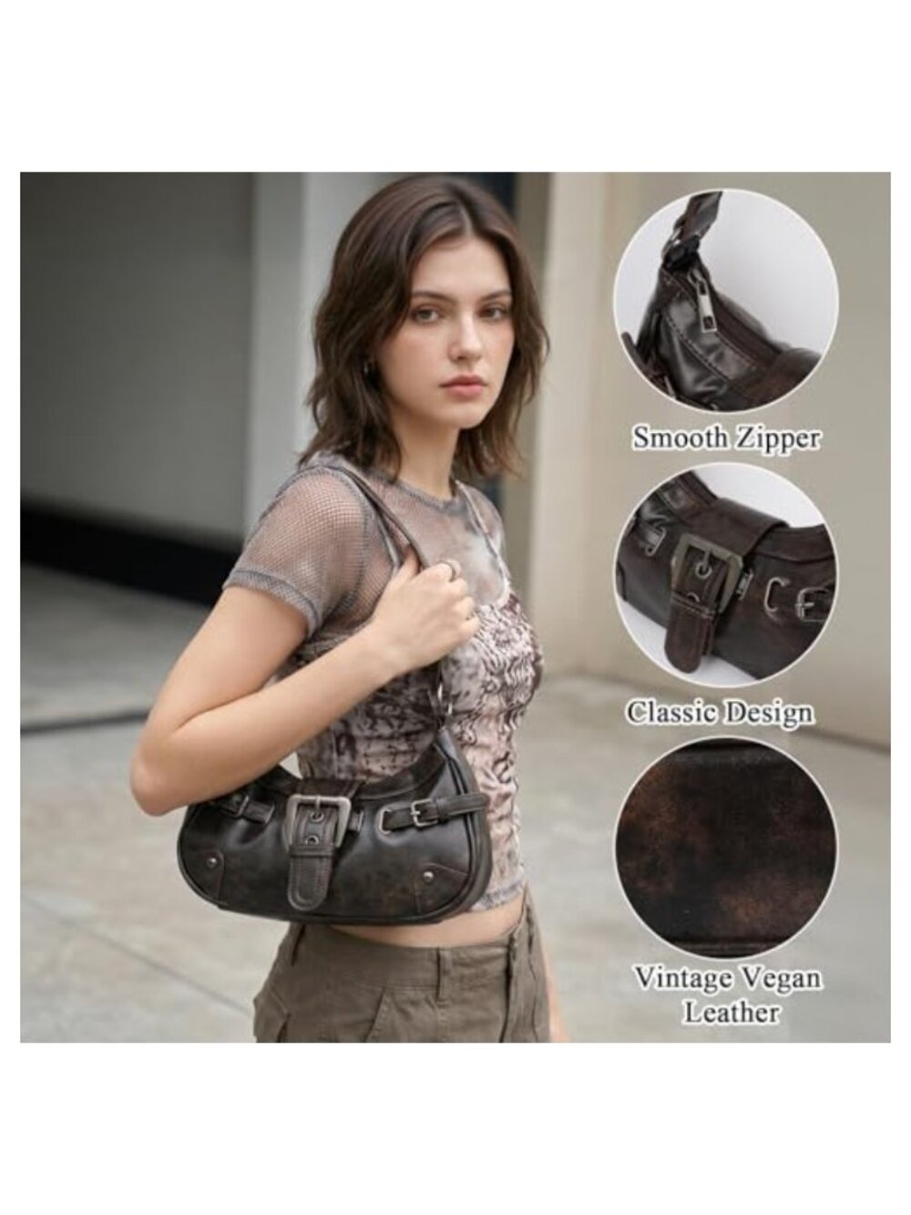 Vegan Leather Crescent Hobo Bag for Women Zipper Closure Casual Shoulder Bag - Picture 4 of 6
